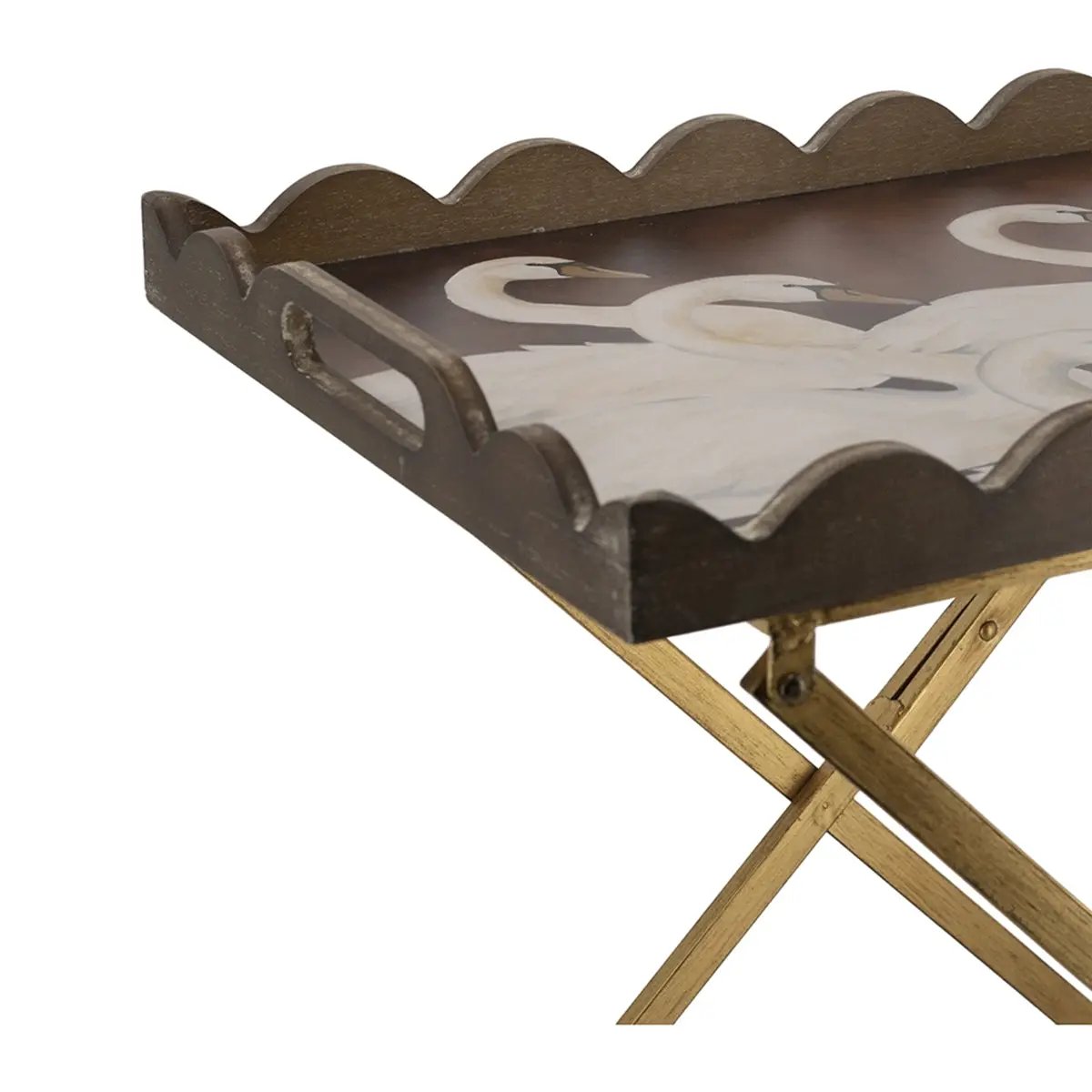 23.5x15.5x24 Brown MDF Tray Table with White Swan Motif and Iron Base by HouseOfZazla