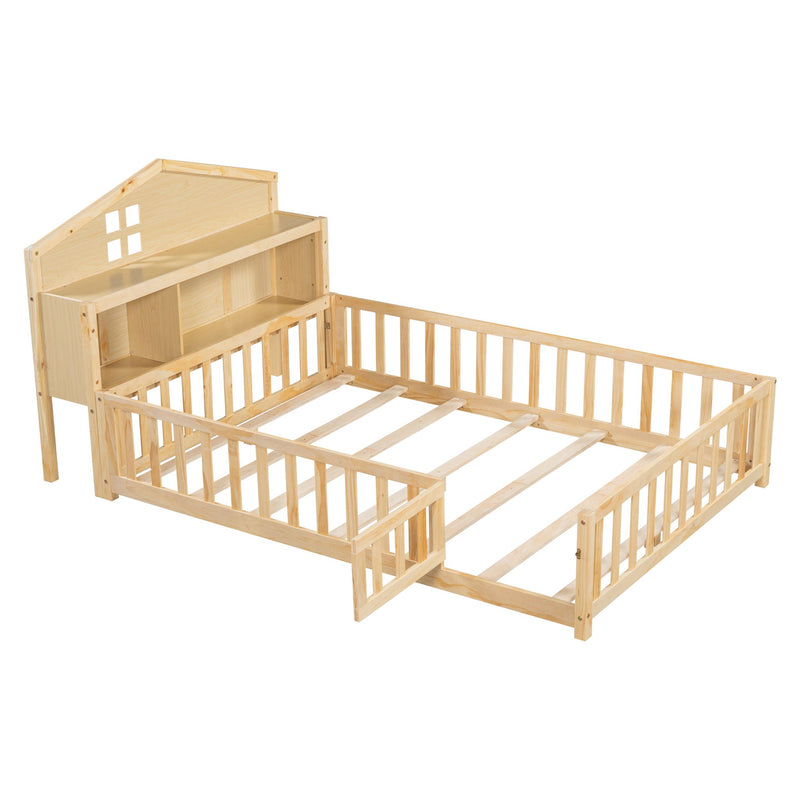 Full Size Montessori Floor Bed With Bookcases And boards, Solid Wood Platform Bed With Guard Rails And Storage Headboards - Natural by HouseOfZazla