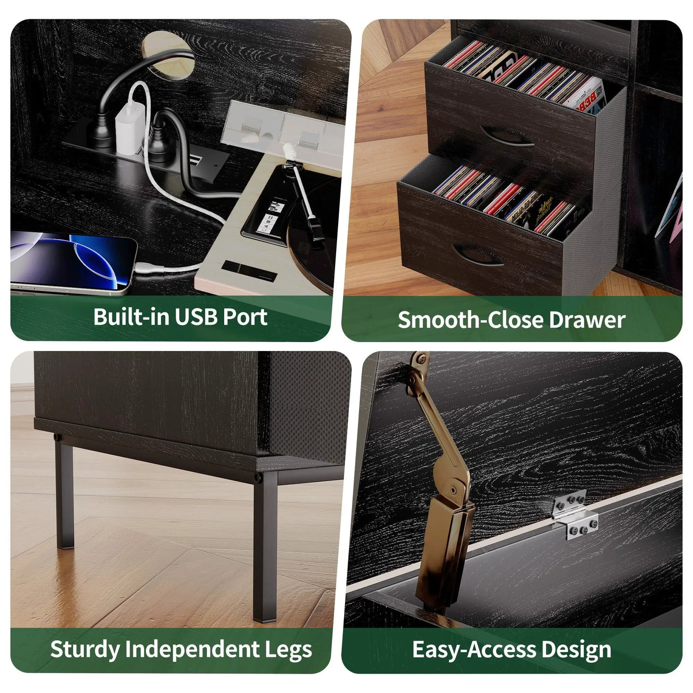 Eco-Friendly Vinyl Record Player Stand With Flip-Top Storage, Media Console With Dual Outlets And Dustproof Drawers by HouseOfZazla