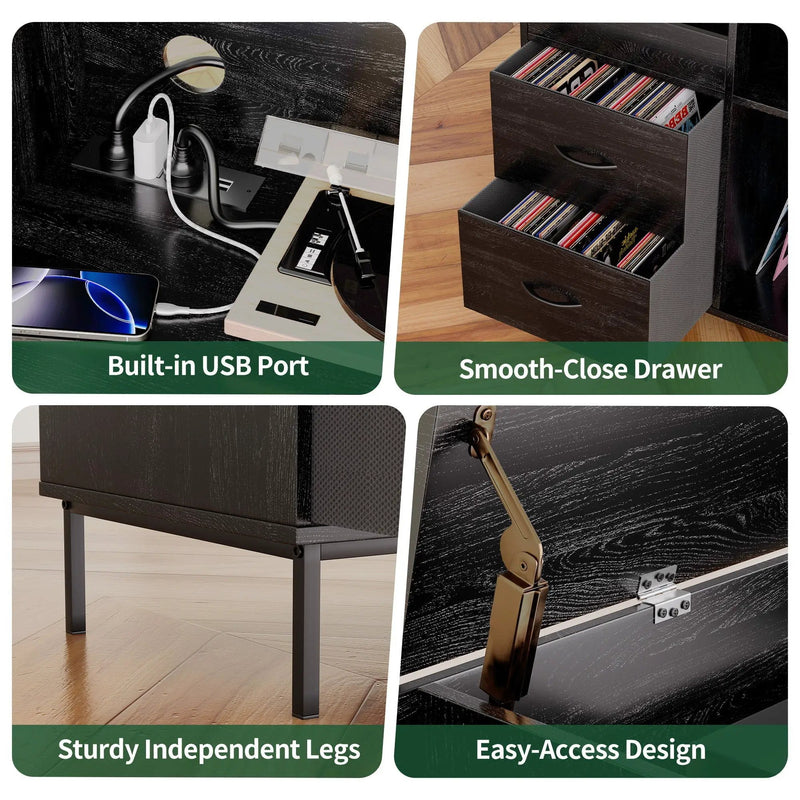 Eco-Friendly Vinyl Record Player Stand With Flip-Top Storage, Media Console With Dual Outlets And Dustproof Drawers by HouseOfZazla