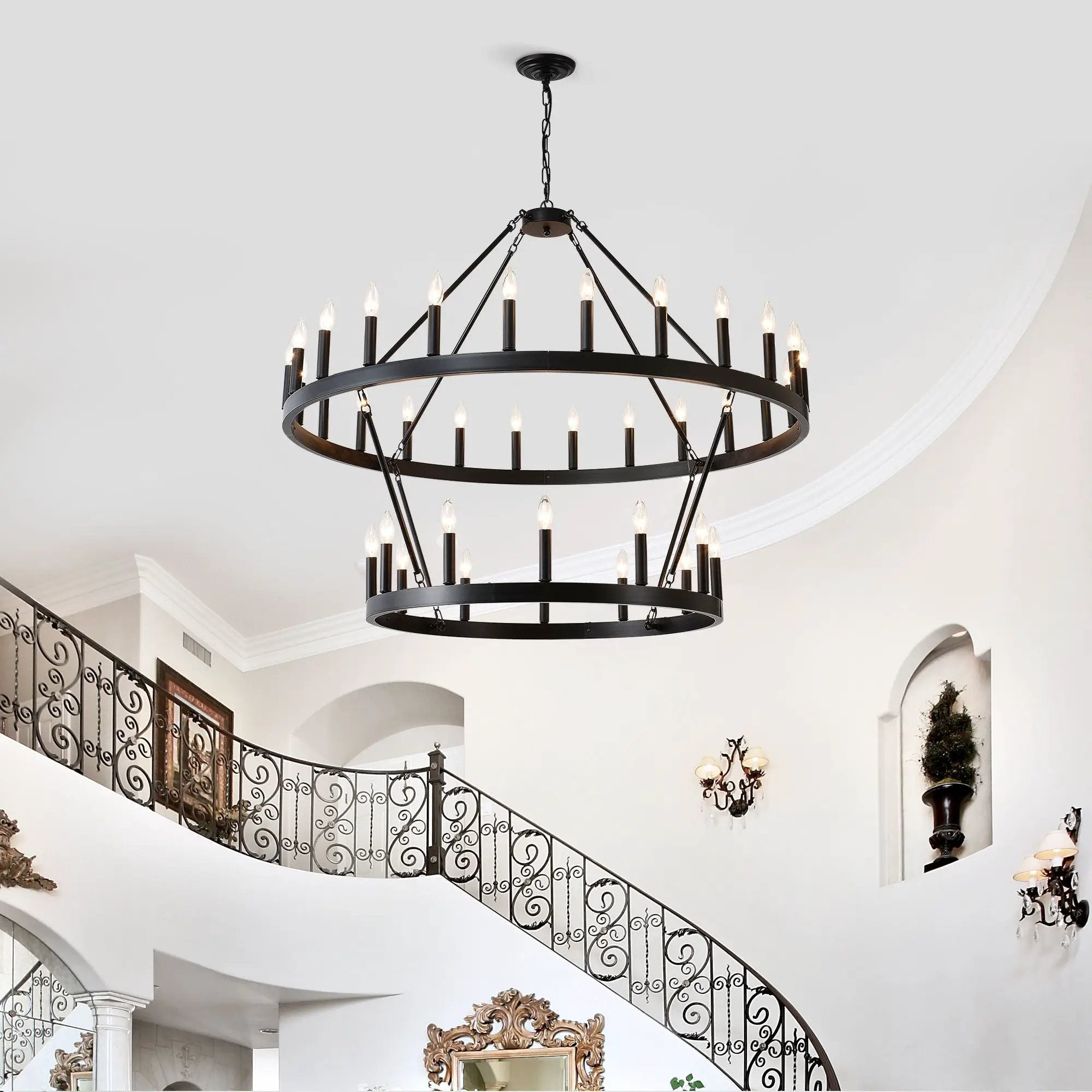 2 Tiers Wagon Wheel Chandelier Wooden Farmhouse 36 Light (24 / 12) Or (12 / 24) Metal Chandeliers 2 Story Light Fixtures Industrial For High Ceiling Living Dining Room Foyer, Adjustable Height - Black by HouseOfZazla