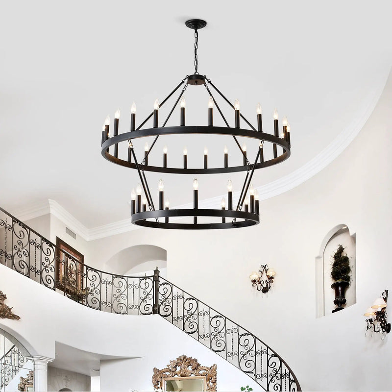 2 Tiers Wagon Wheel Chandelier Wooden Farmhouse 36 Light (24 / 12) Or (12 / 24) Metal Chandeliers 2 Story Light Fixtures Industrial For High Ceiling Living Dining Room Foyer, Adjustable Height - Black by HouseOfZazla