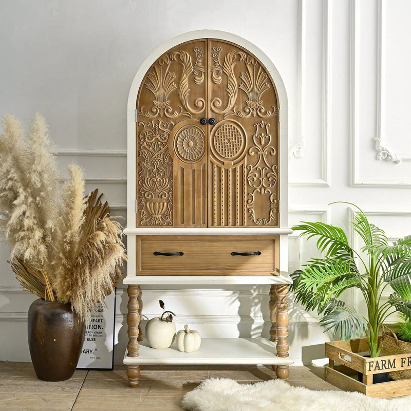 Arched Flower Carved Door Accent Sideboard Cabinet With 1 Drawer And Shelf, Cabinet For Kitchen - Natural / White by Unique Piece Furniture
