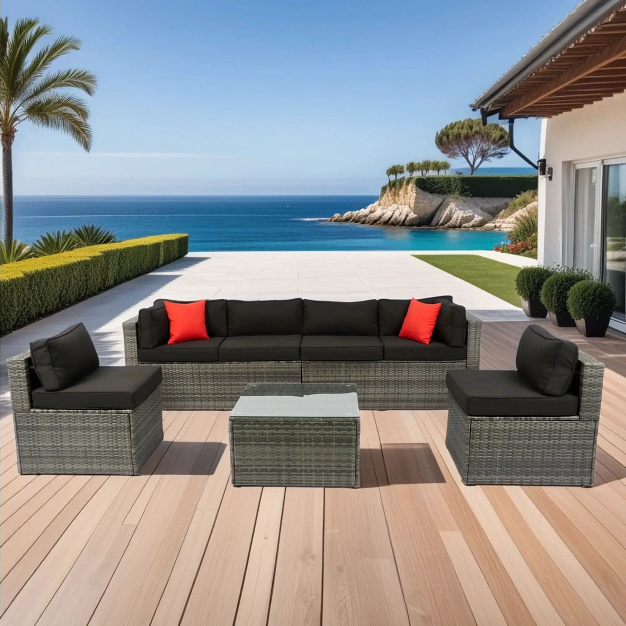 5 Pieces Rattan Sectional Outdoor Furniture Cushioned U Sof Set With 2 Pillow - Gray / Black by HouseOfZazla