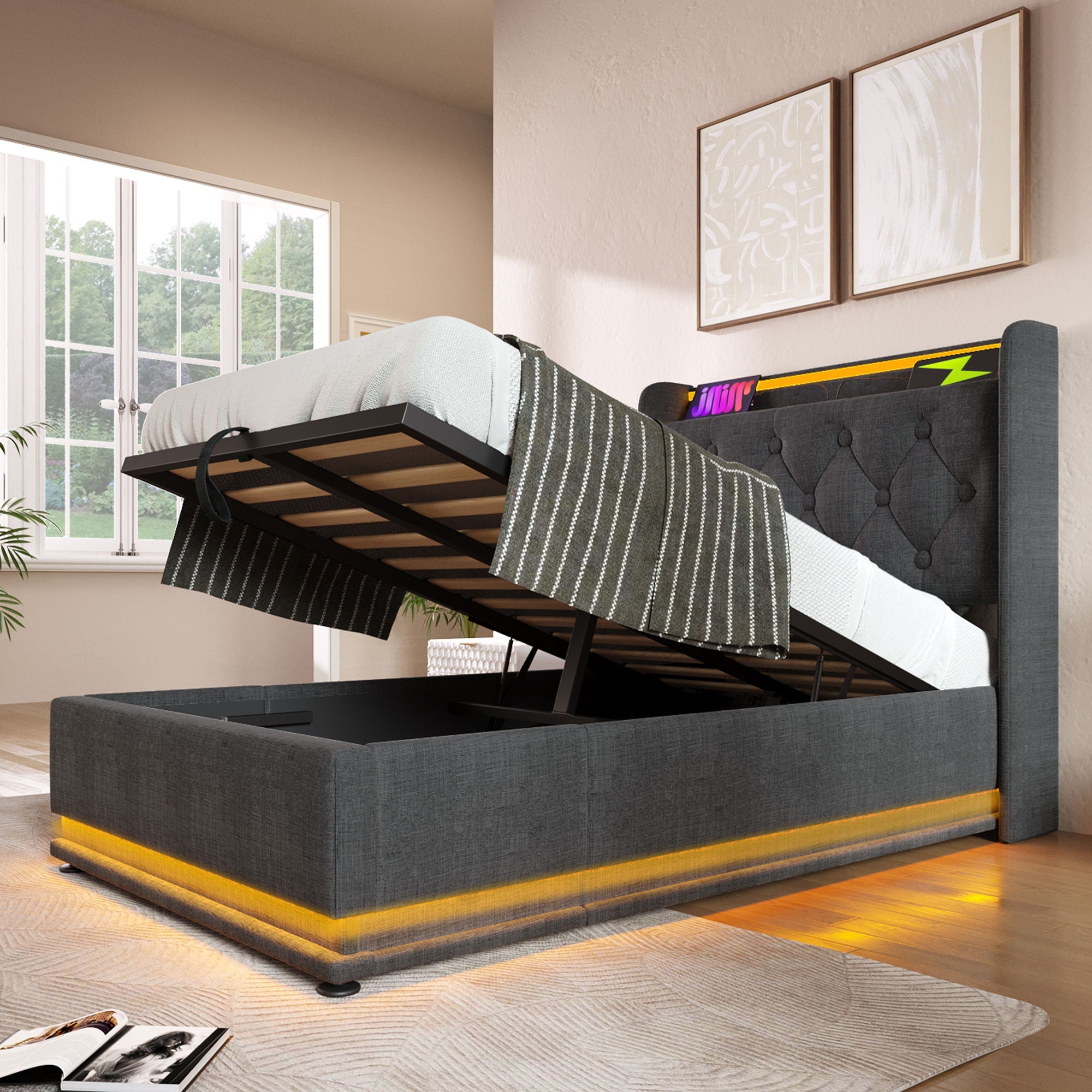 Upholstered Bed, 360 Surround LED Function, Remote Control, Hydraulic Storage Bed With USB, Type-C Charging (Without Mattress) by HouseOfZazla