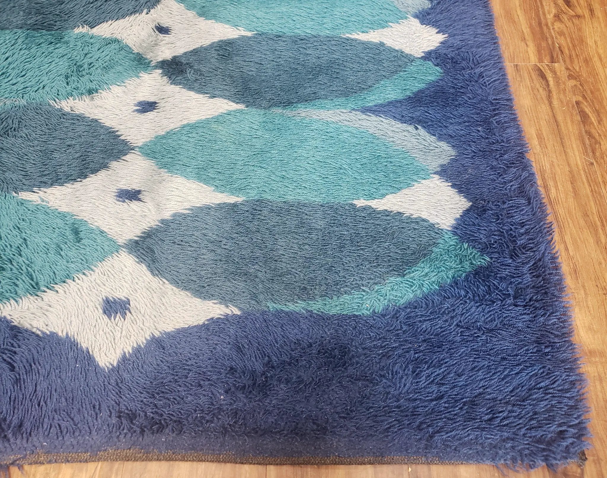 Blue Rya Rug, 1960s Mid-Century Modern Danish Shag Rug 4'6" x 6'7", Ege Rya, Abstract by Jewel Rugs