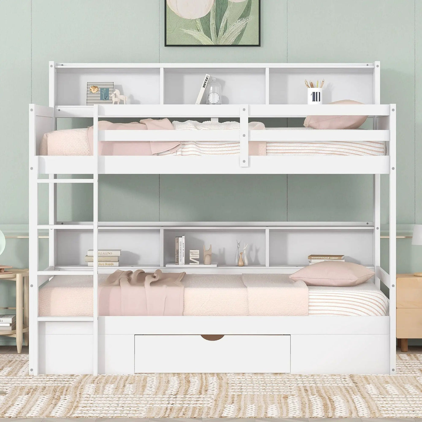 Twin Size Bunk Bed With Built-In Shelves Beside Both Upper And Down Bed And Storage Drawer by HouseOfZazla