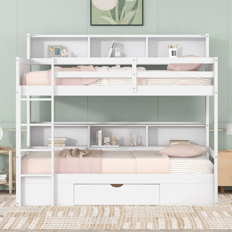 Twin Size Bunk Bed With Built-In Shelves Beside Both Upper And Down Bed And Storage Drawer by Unique Piece Furniture