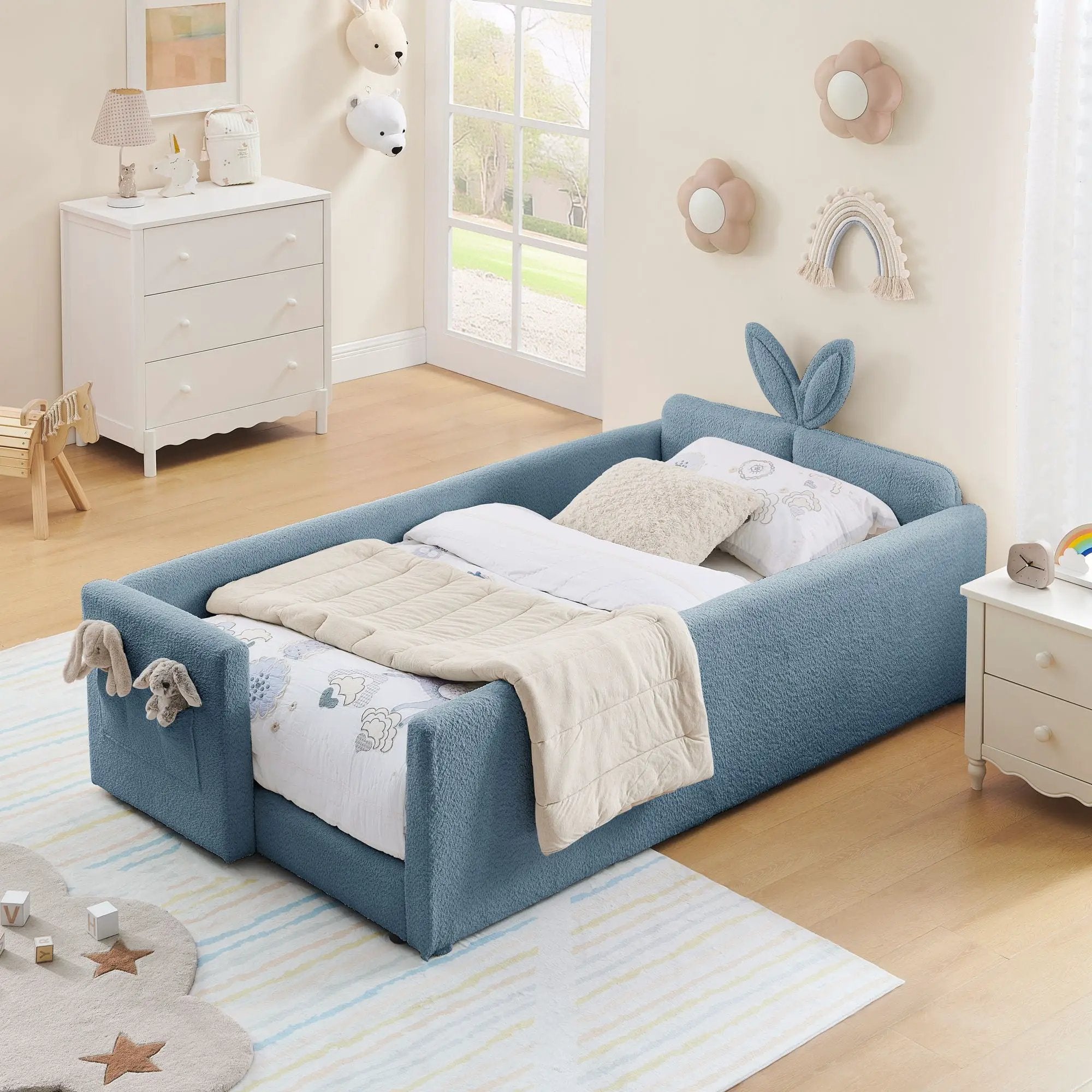 Cute Rabbit Ear Upholstered Platform Bed Frame With Safety Rail by Unique Piece Furniture
