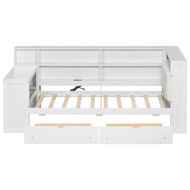 Platform Bed With Upholstered Headboard, Storage Shelves, Drawers, Charging Station, LED Lighting, Built In Desk by HouseOfZazla