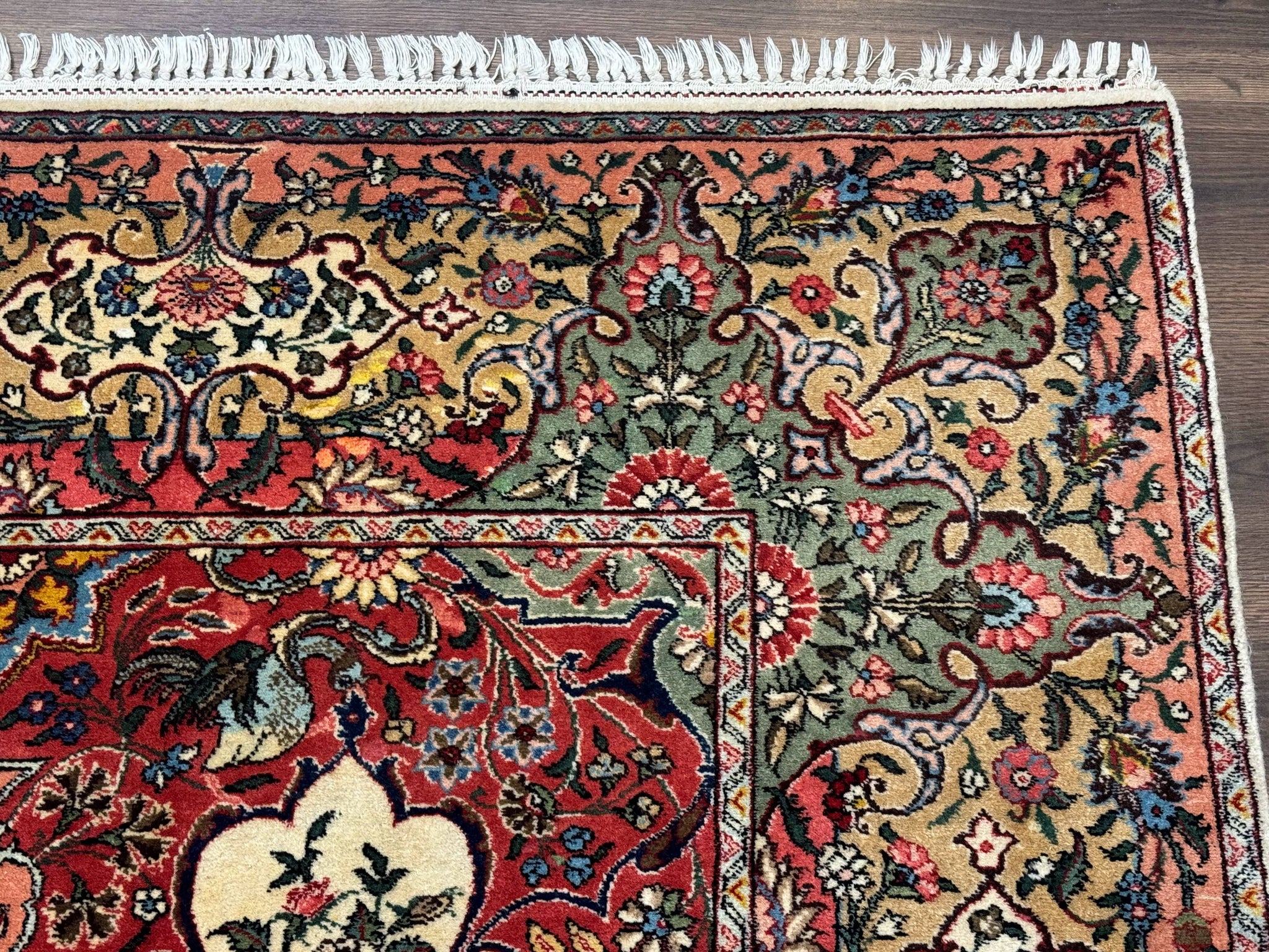 Antique Tabriz Persian Rug 7x10, Red Cream Tan, Unique Design, Fine 270 KPSI, Birds, Floral by Jewel Rugs