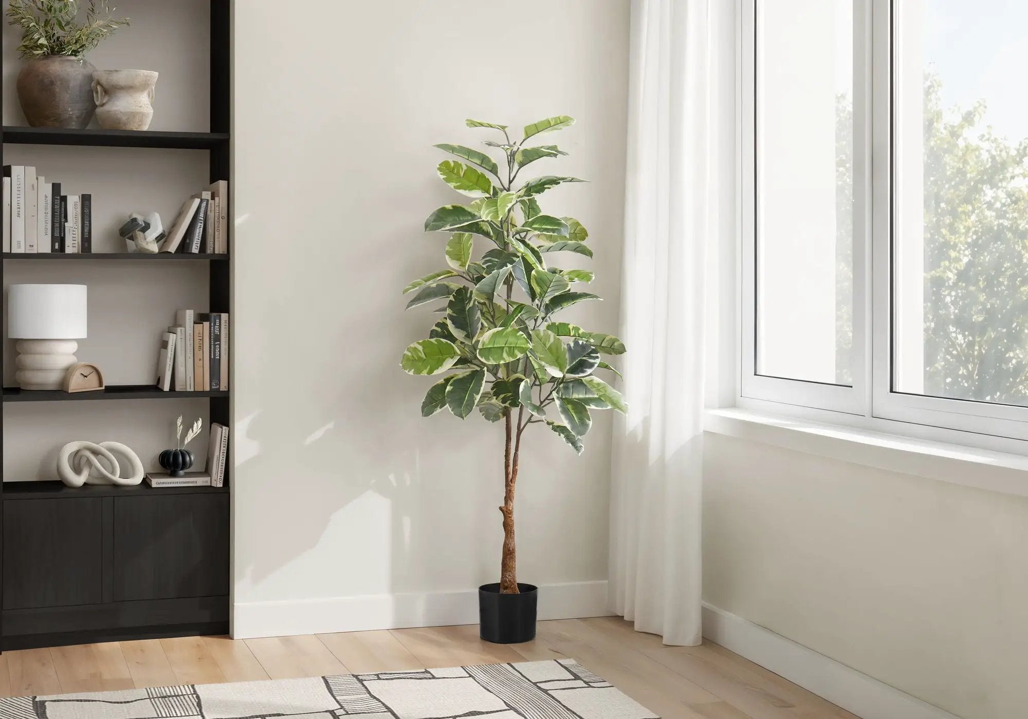 52" Tall, Artificial Plant, Rubber Tree, Indoor, Fake, Floor, Greenery, Potted, Real Touch, Decorative - Green / Black by Unique Piece Furniture