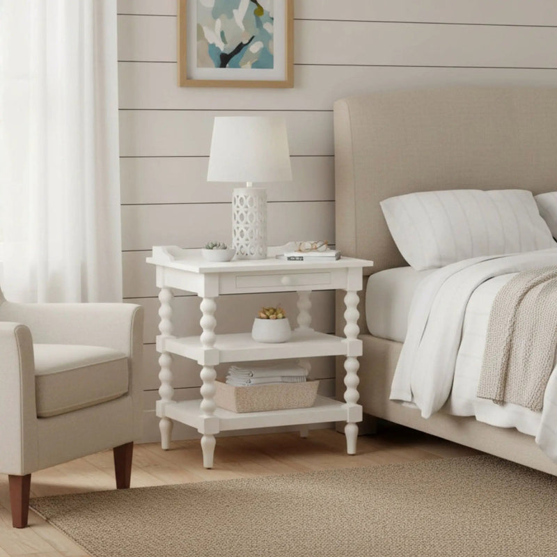 Aria - Nightstand With Styling, 2 Shelves, Pull Out Tray, Spool Turned Legs - Antique White by HouseOfZazla