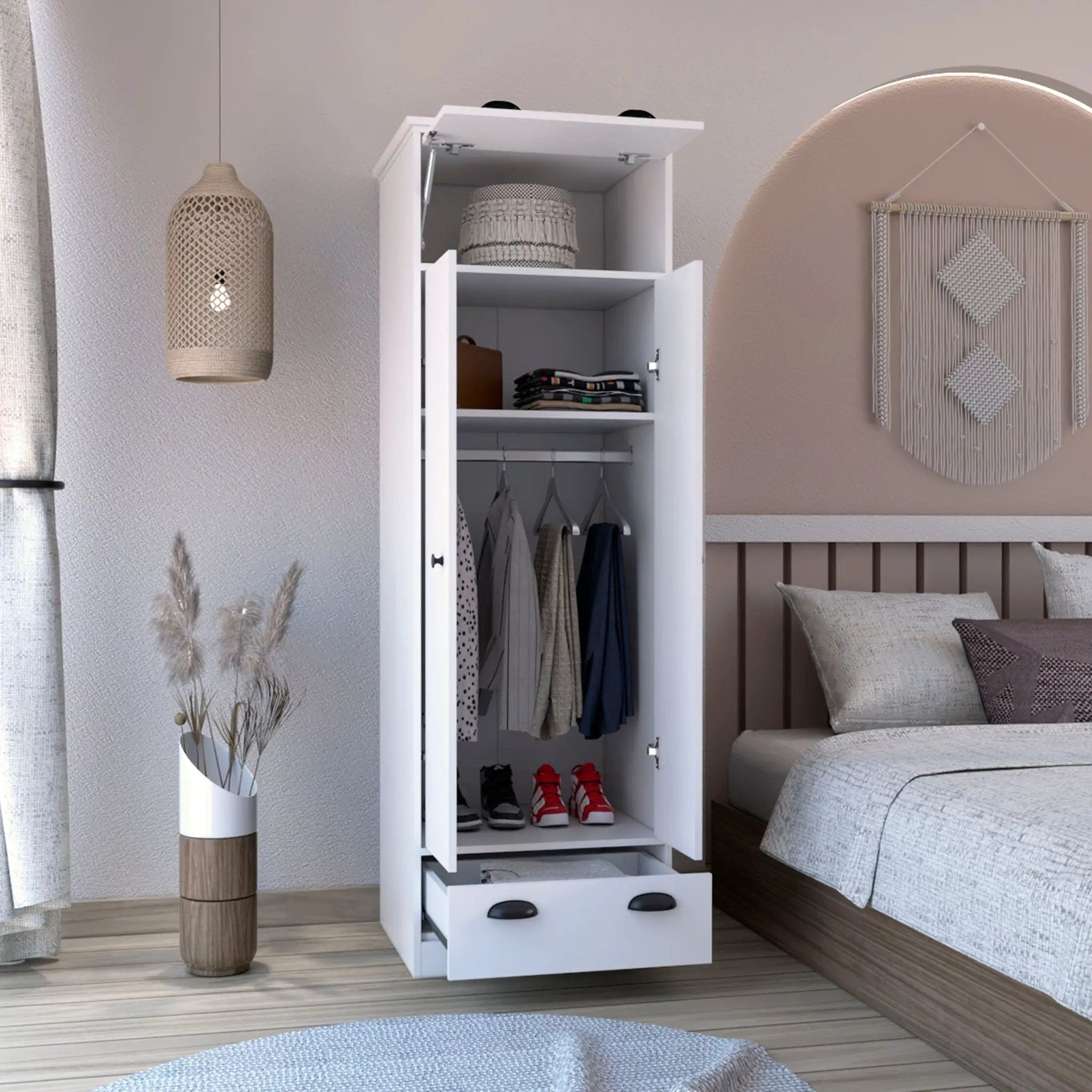Dresser Closet With Upper Storage Covered With 1 Door, 2 Central Shelves, 1 Tube For Hanging Clothes Covered By 2 Doors, 1 Drawer At The Bottom - White by Unique Piece Furniture