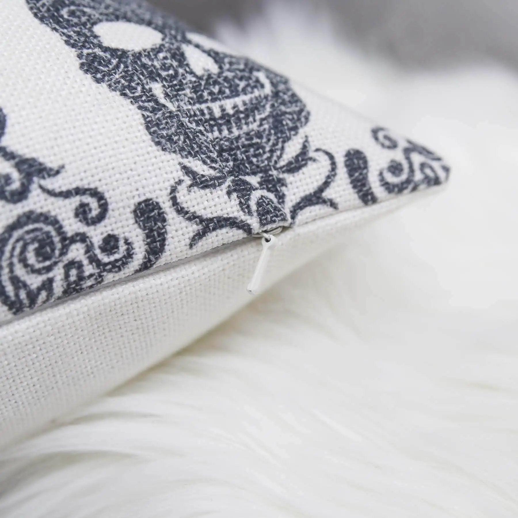 Gothic Damask Skull Throw Pillow – Black & White Cotton Linen by HouseOfZazla