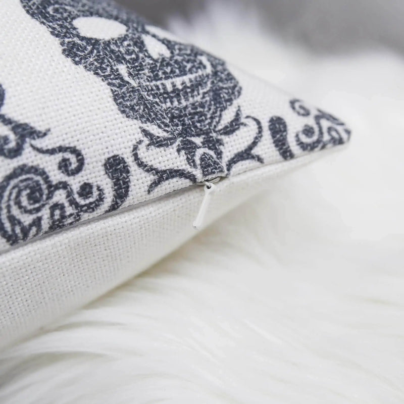 Gothic Damask Skull Throw Pillow – Black & White Cotton Linen by HouseOfZazla