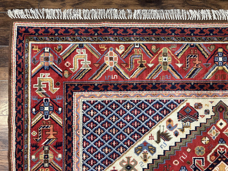 Belgium Power Loomed Rug 8x12, Geometric Medallions Persian Tribal Pattern, Vintage Wool Carpet, Ivory Red Blue by Jewel Rugs