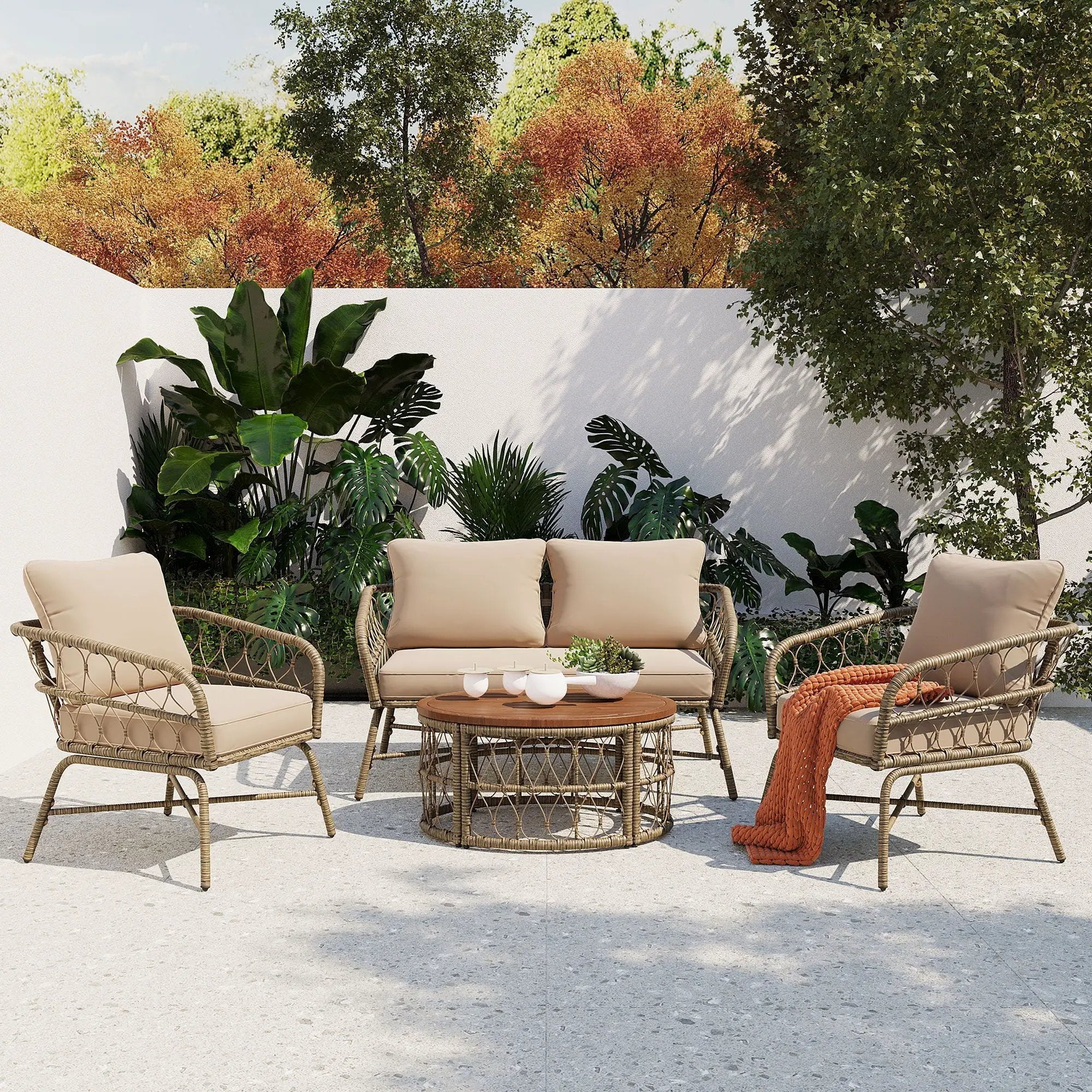 Bohemia-Inspired 4 Person Outdoor Seating Group With Removable Cushions, Conversation Patio Set With Wood Tabletop - Beige by Unique Piece Furniture