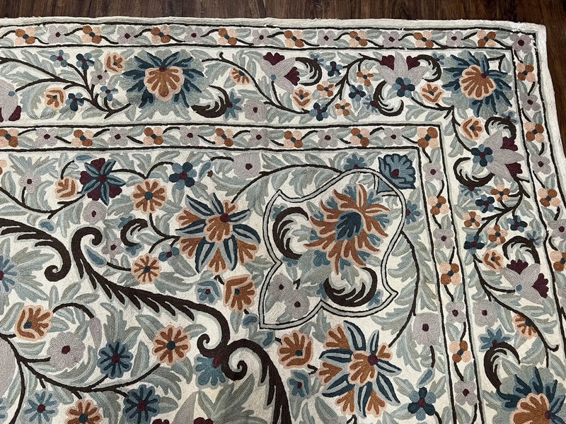 Chain Stitched Rug 9x12 Vintage Carpet 9 x 12 Flatweave Rug, Ivory Teal Rug, Area Rug 9 by 12, Hand Stitched Rug, Medallion, Indian Rug by Jewel Rugs