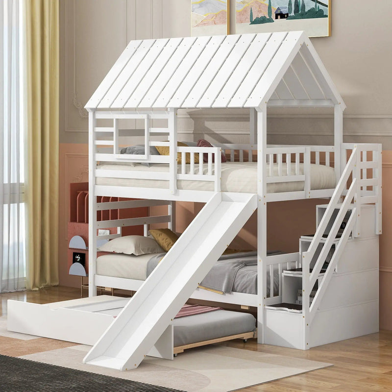House Bunk Bed With Trundle, Storage Staircase, Roof And Window Design by Unique Piece Furniture