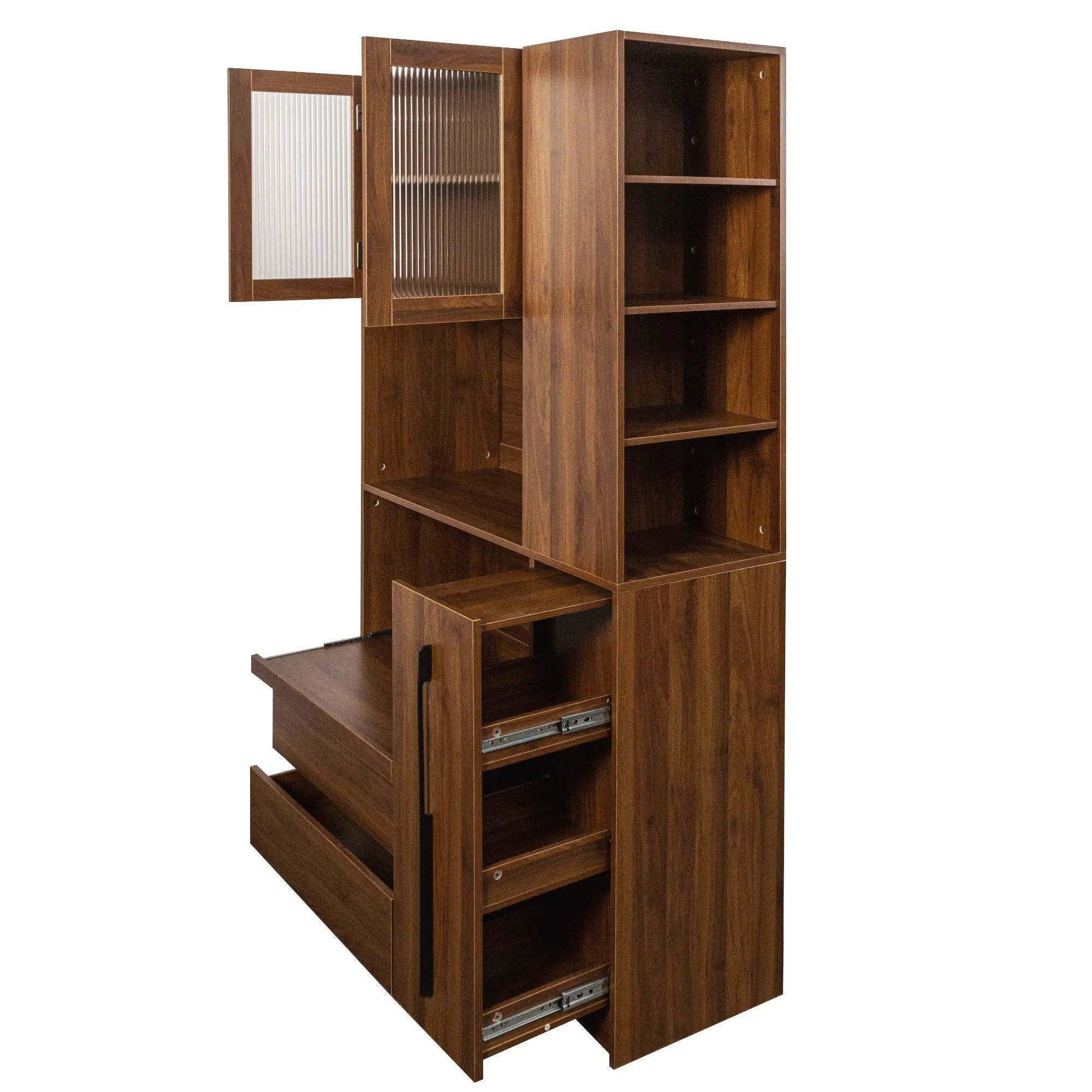Tall Kitchen Pantry Cabinet With 4 Tier Side Shelf, 2 Drawers, Freestanding Food Hutch With Microwave Stand For Dining Room - Walnut by HouseOfZazla
