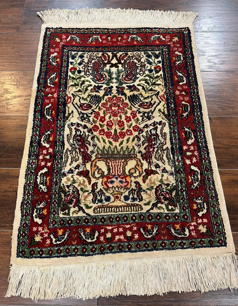 Small Indo Persian Rug 2x3 ft, Wool with Silk Highlights, Animal Pictorials, Birds by Jewel Rugs