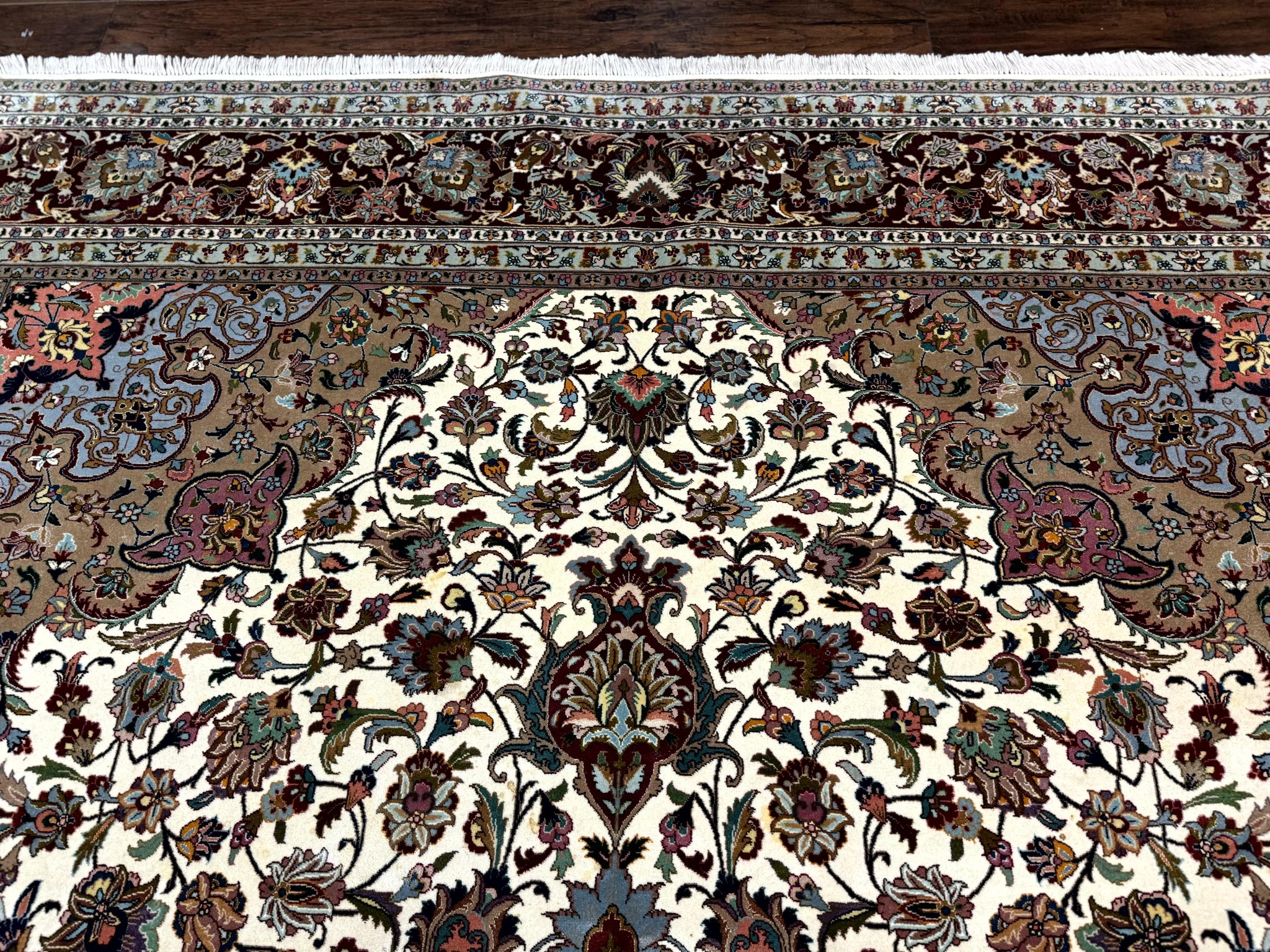 Persian Tabriz Rug 8x11, Floral Medallion Traditional Area Rug, Fine 300 KPSI, Ivory Maroon by Jewel Rugs