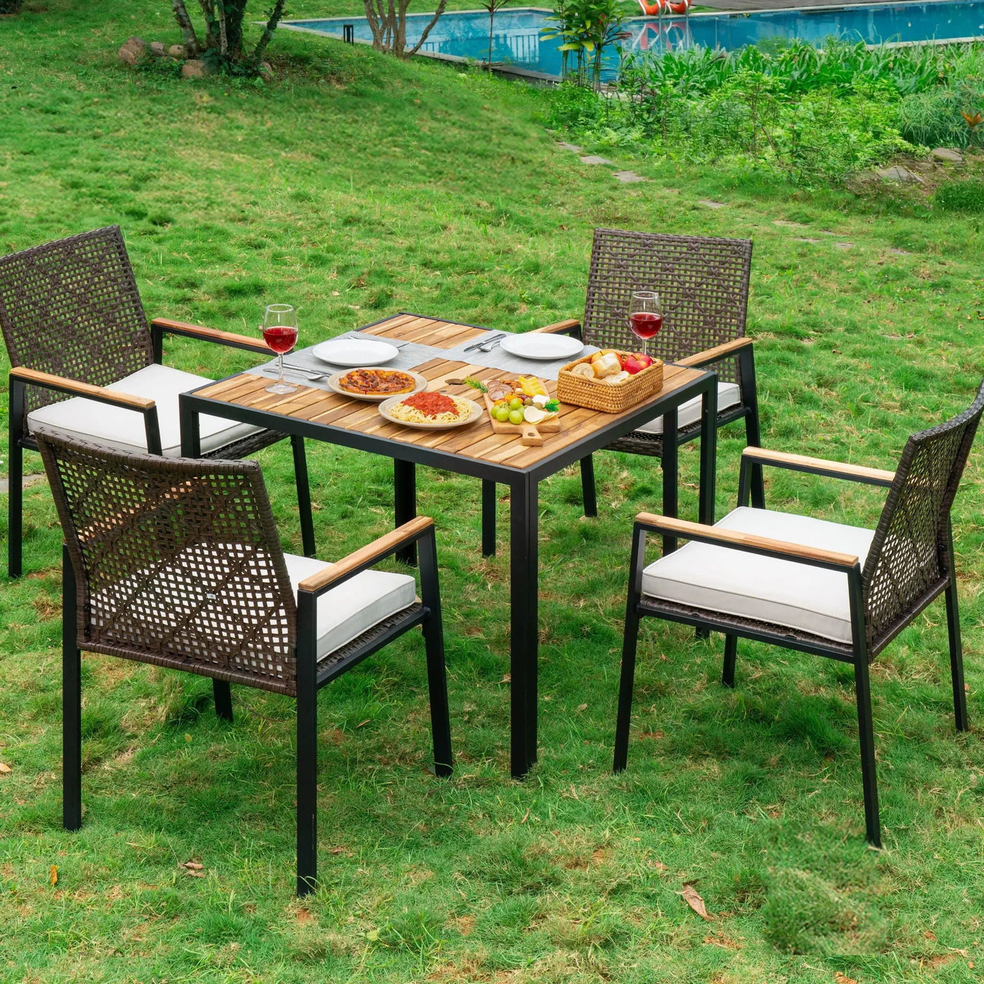 5 Piece Patio Dining Table Set, Acacia Wood Table Top With Umbrella Hole by HouseOfZazla