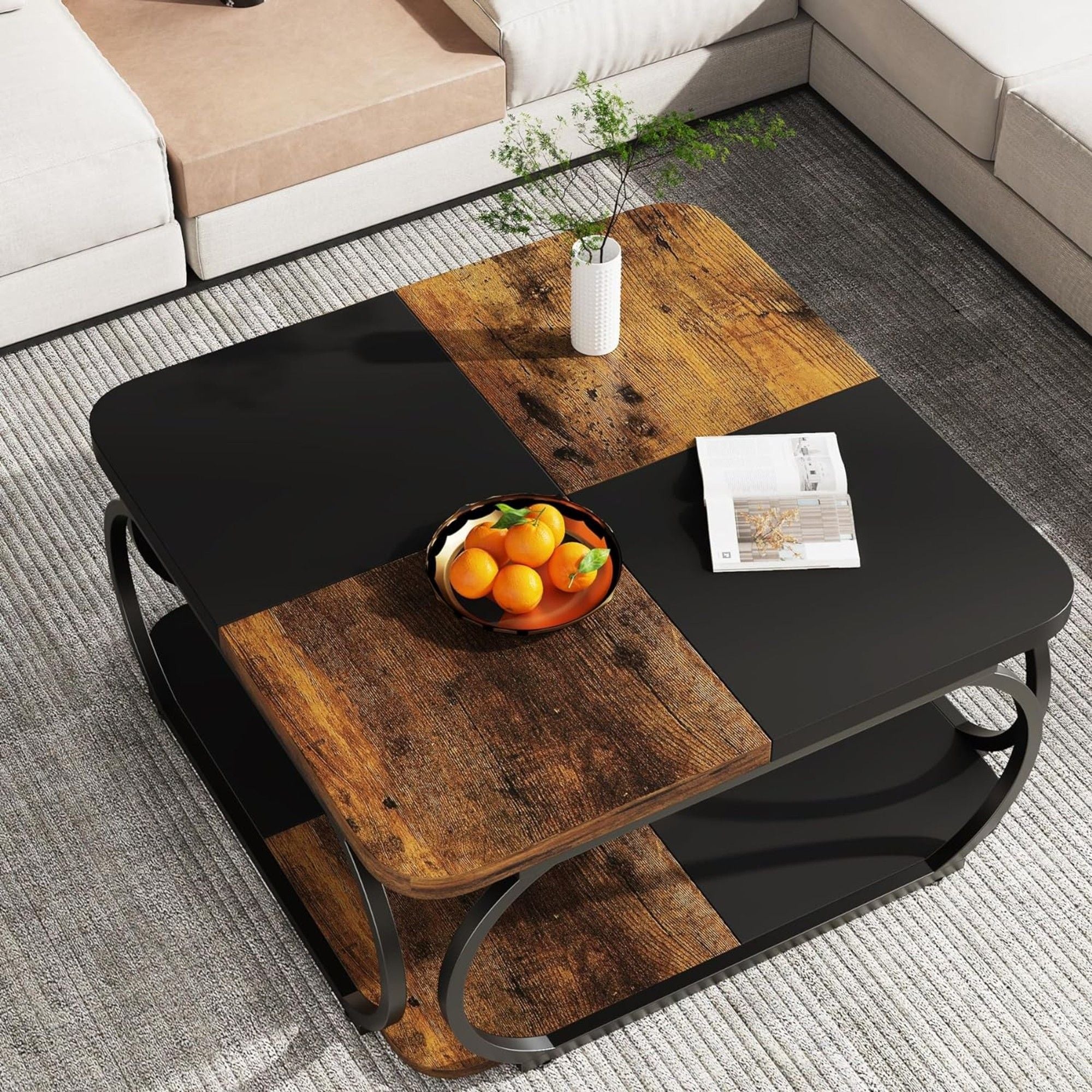 Square Coffee Table With Storage Shelf, 2 Tier For Living Room - Brown / Black by HouseOfZazla