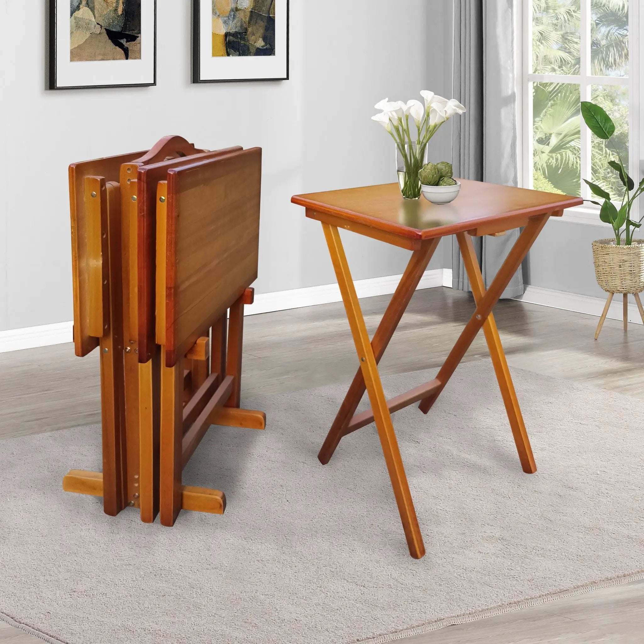 Folding Trays With Storage Rack Snack Table (Set of 4) - Honey by Unique Piece Furniture