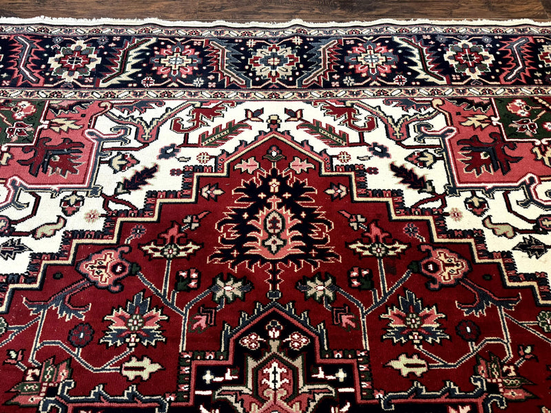 Indo Persian Heriz Rug 8x10, Geometric Medallion, Brick Red Ivory Navy Blue, Room Sized Heriz Carpet, Wool Rug by Jewel Rugs