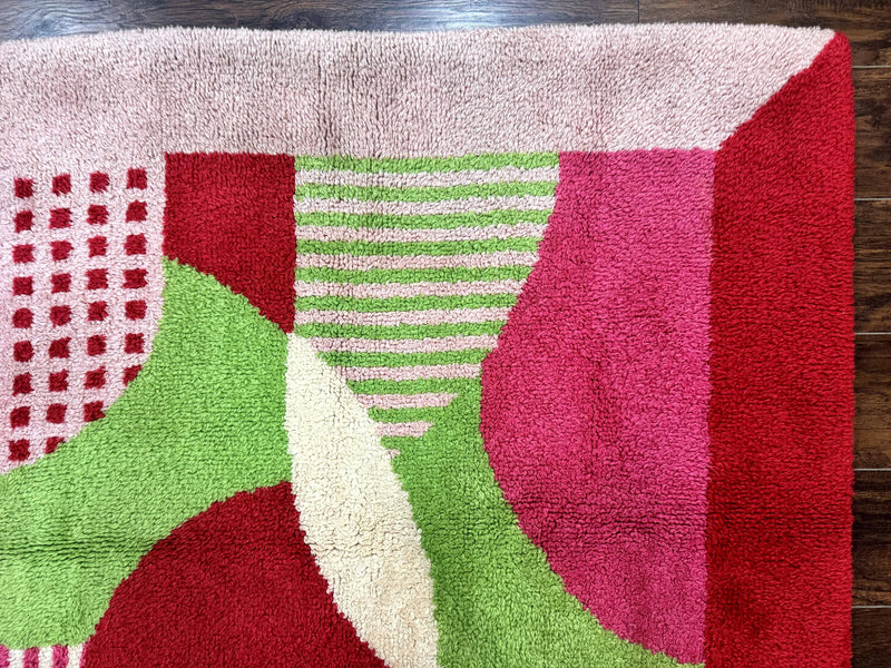 European Shag Rug 4.8 x 4.8, Modern Abstract Design, Green Pink Red, Square Shag Rug, Unique by Jewel Rugs