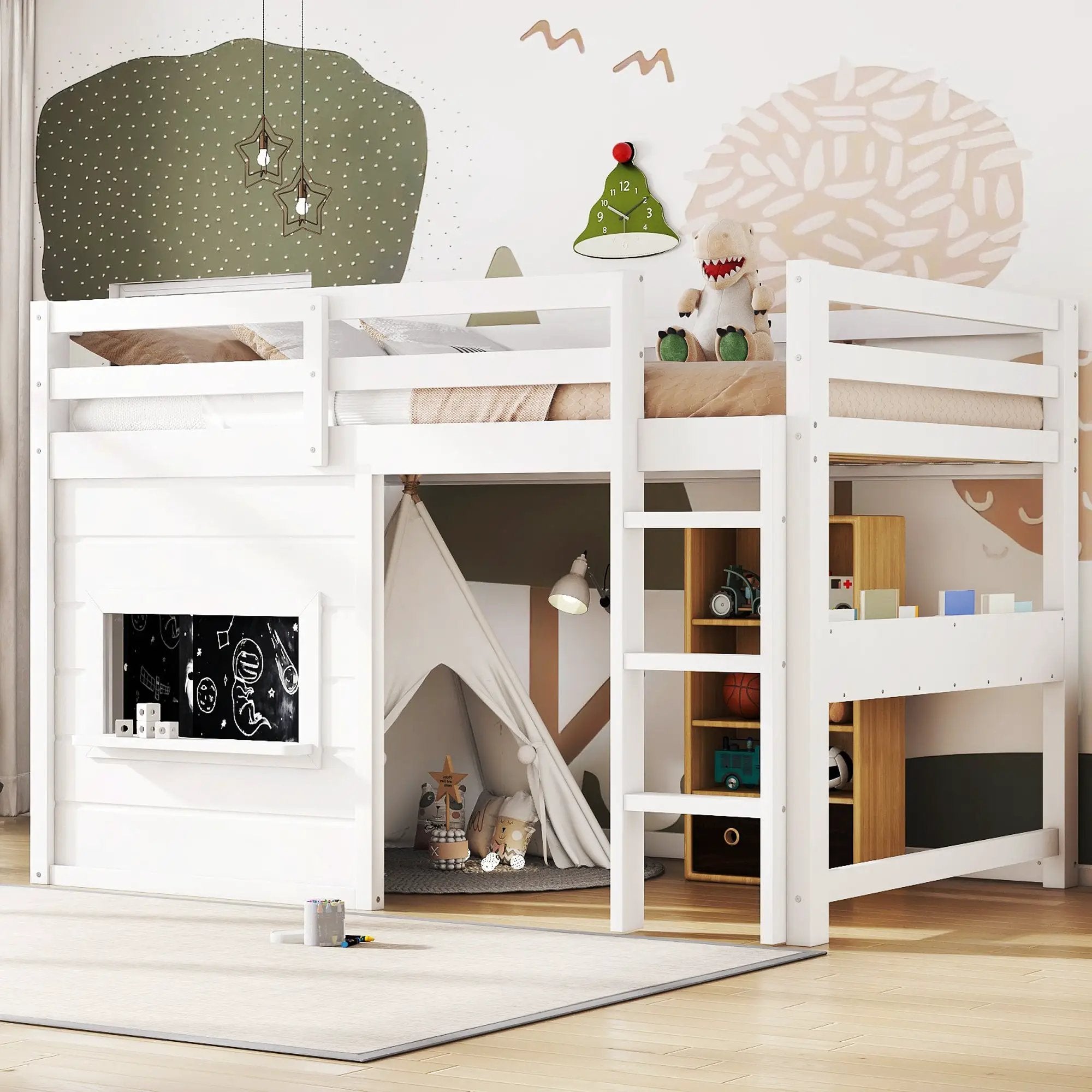 Twin Size Loft Bed With Sliding Chalkboard & Bookshelf by HouseOfZazla