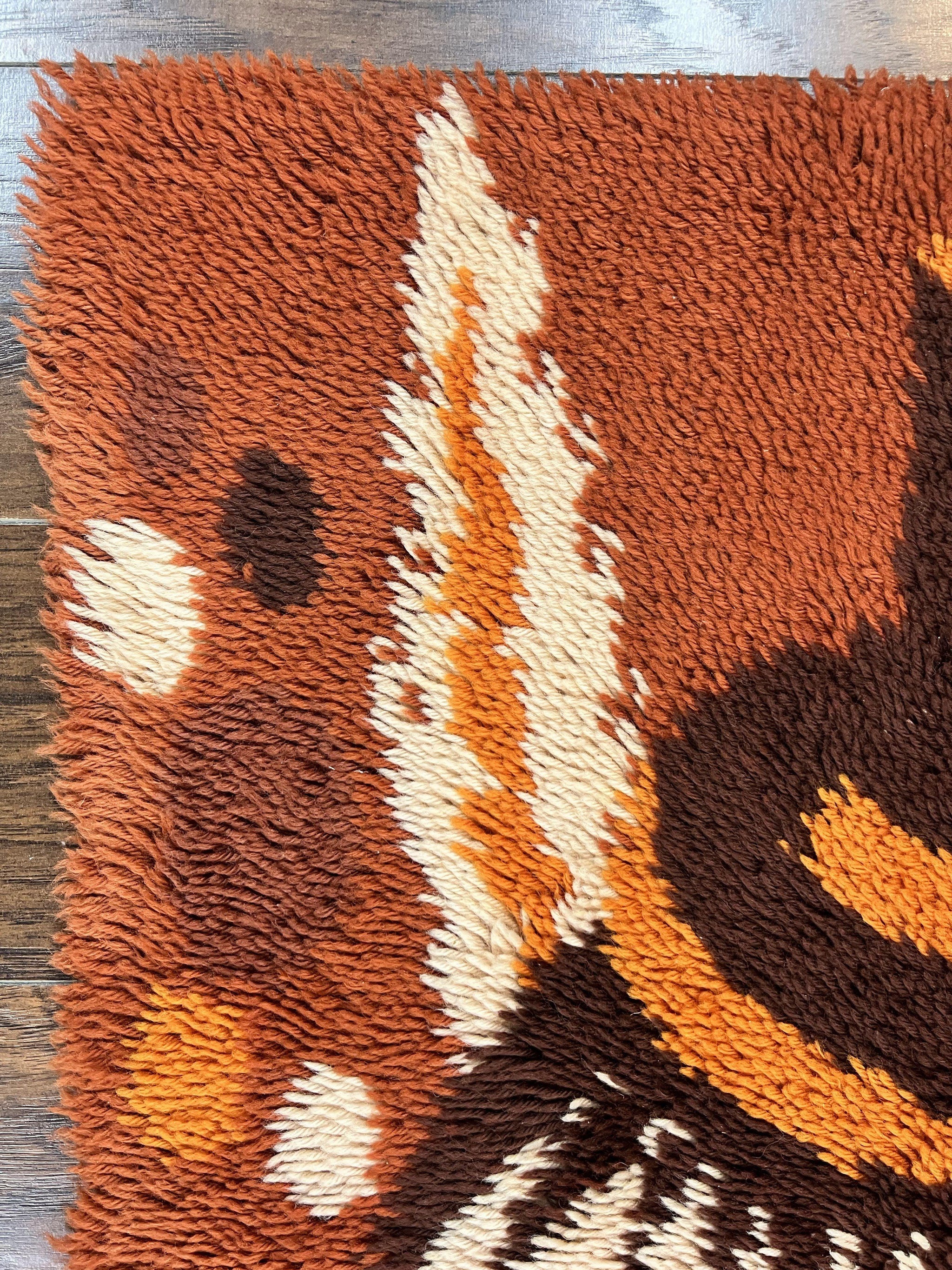 Rya Shag Rug 2x4, Rabbit in Top Hat, Wool, Orange, Vintage 1960s Danish Shag Rug by Jewel Rugs