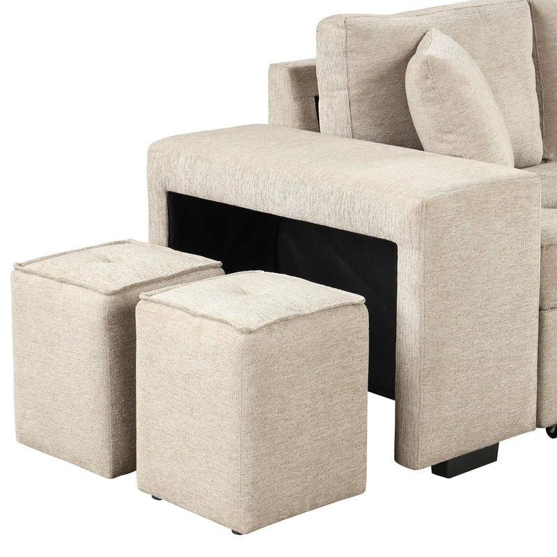 Modern L-Shape 3 Seat Reversible Sectional Couch, Pull Out Sleeper Sofa With Storage Chaise And 2 Stools For Living Room Furniture Set by HouseOfZazla