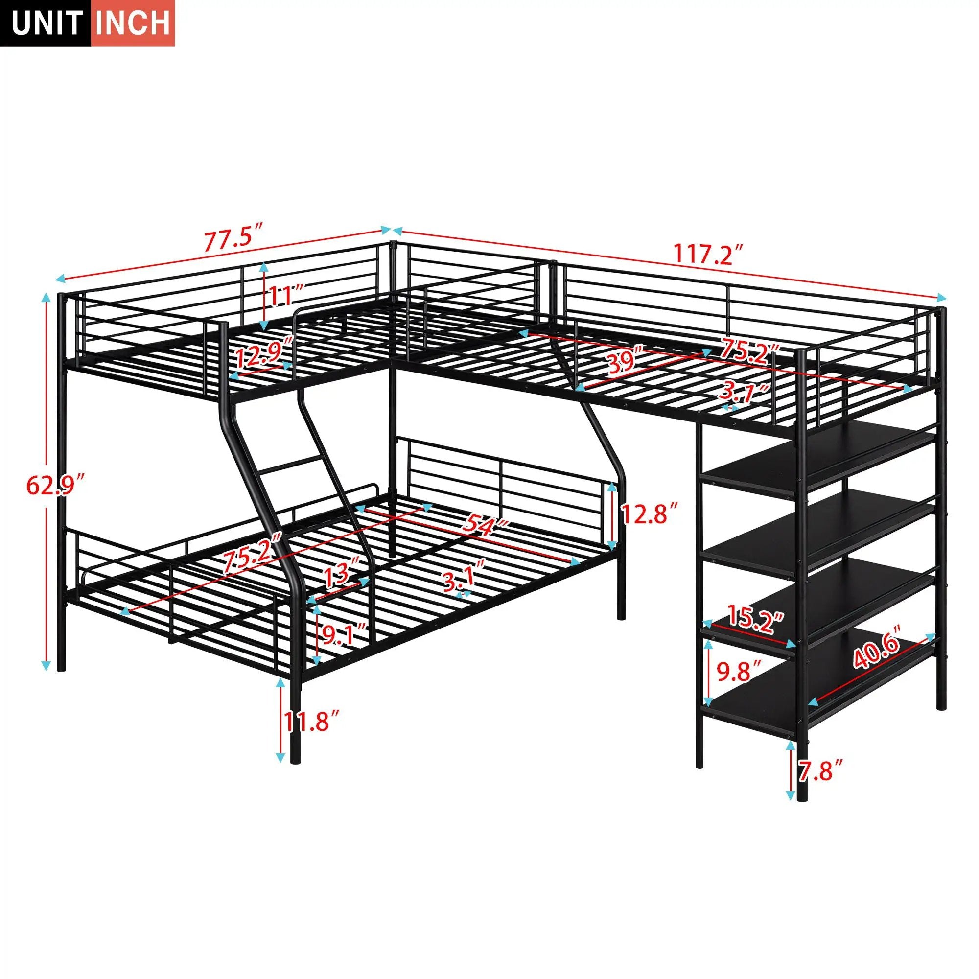 L-Shaped Twin Over Full Bunk Bed And Twin Loft Bed With 4 Built In Shelves - Black by Unique Piece Furniture