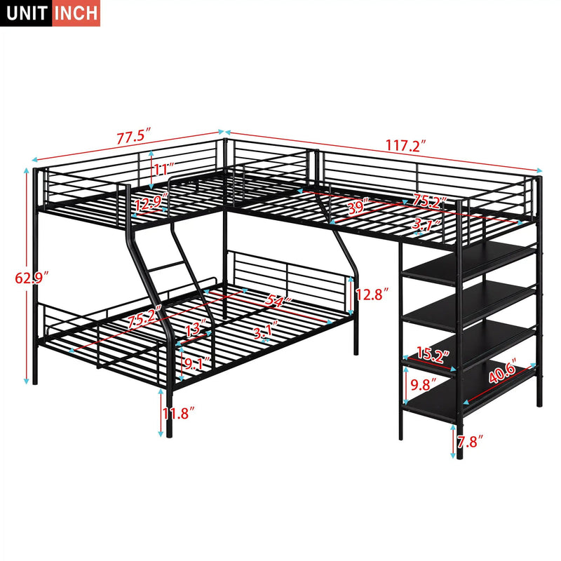 L-Shaped Twin Over Full Bunk Bed And Twin Loft Bed With 4 Built In Shelves - Black by HouseOfZazla