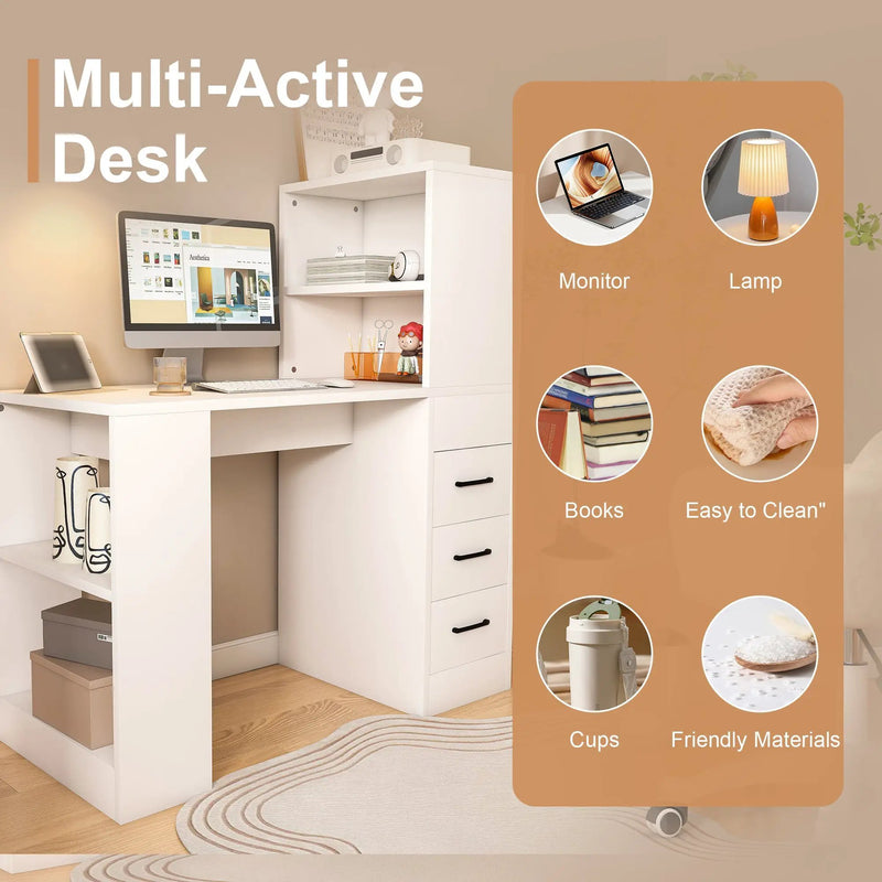 White Computer Desk with 4-in-1 Socket and Storage Options by HouseOfZazla