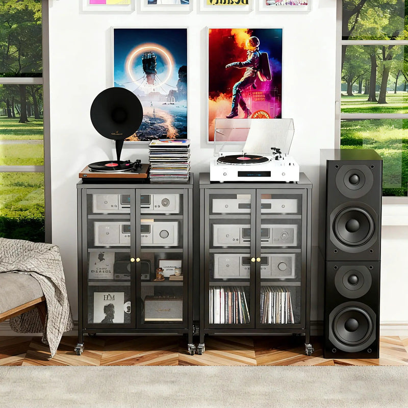 Media Storage Cabinet With Wheels, 4 Adjustable Glass Shelves & Door, Heavy-Duty - Black by HouseOfZazla
