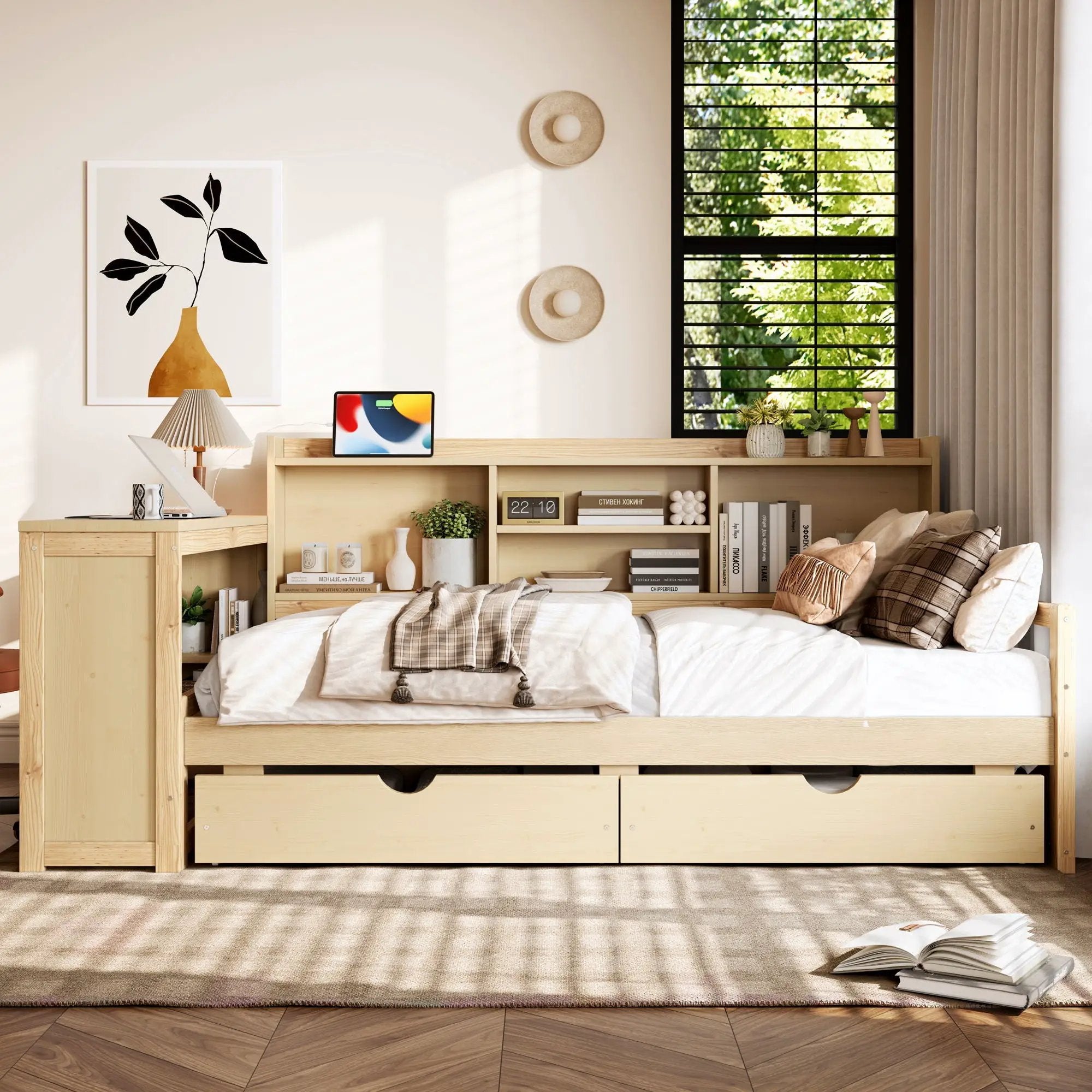 Corner Daybed With Storage Drawers, Desk, Charging Port & Bookcase by Unique Piece Furniture