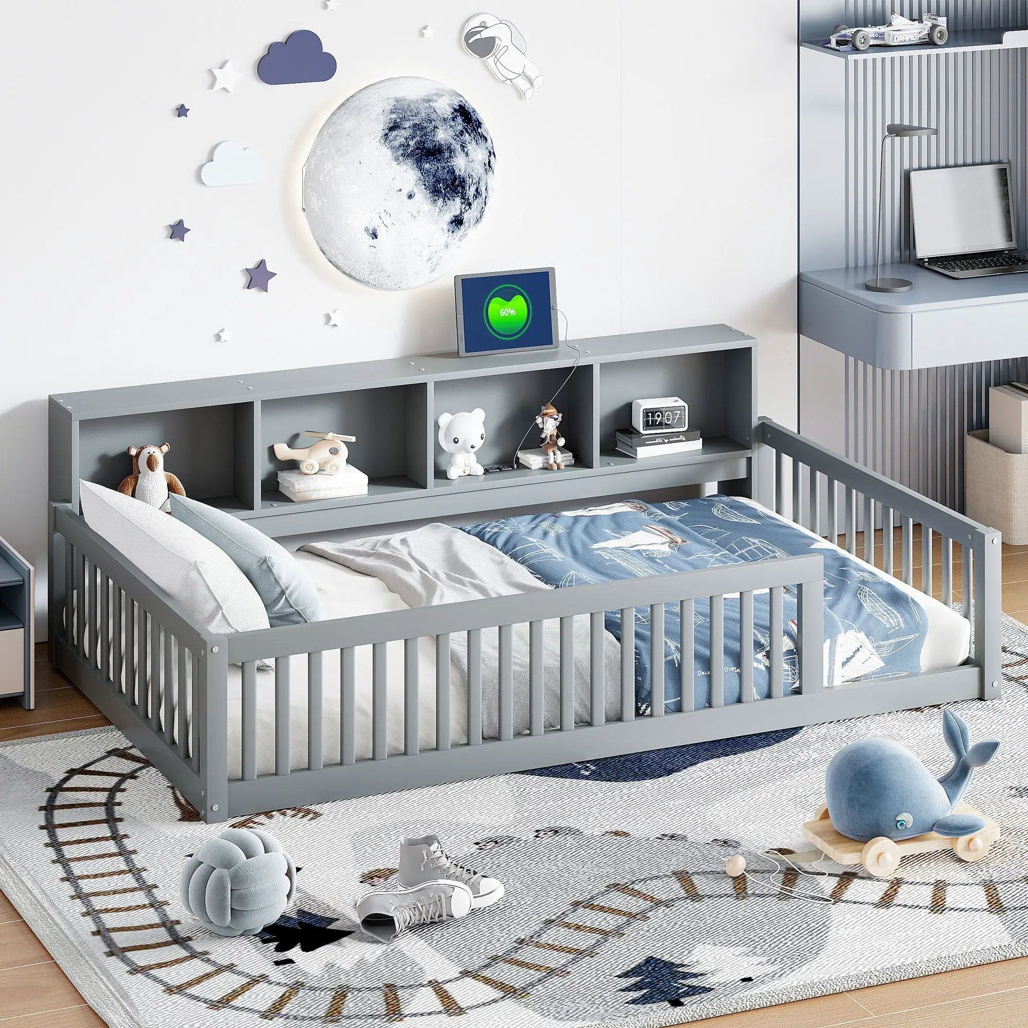 Twin Long Floor Bed With Storage Cabinets And USB Ports - Gray by Unique Piece Furniture