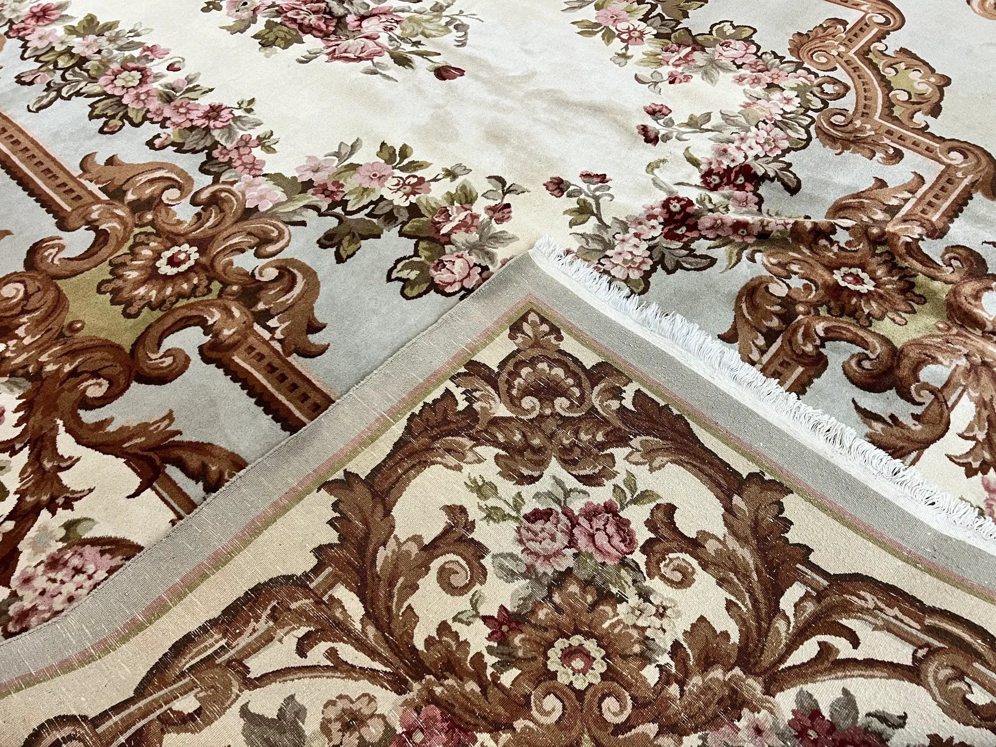 Aubusson Rug 10x13, Cream and Light Mint Green Hand Knotted Handmade French Savonnerie European Carpet, Wool Pile, Large Room Sized Vintage by Jewel Rugs