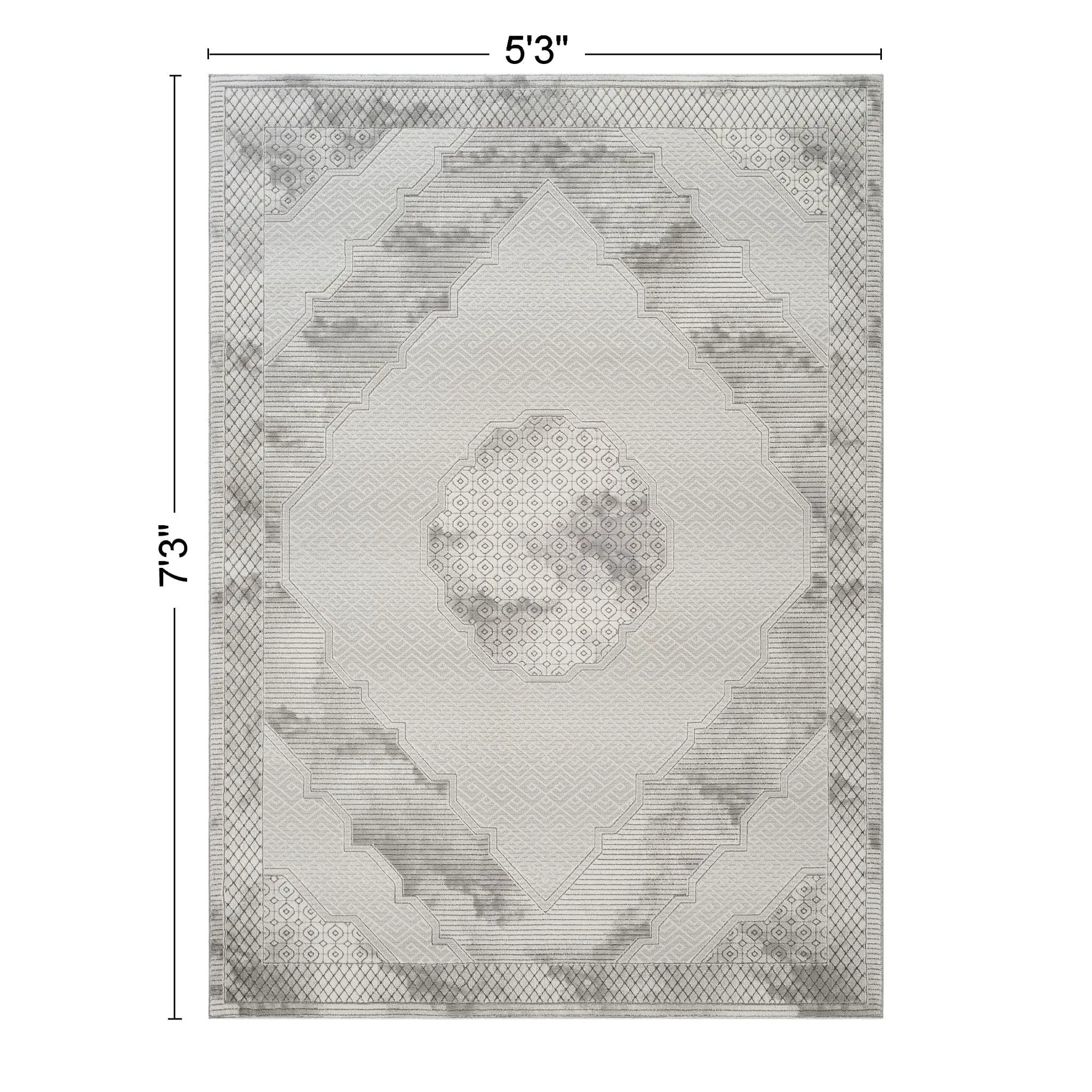 Geometrix - 5'3" X 7'3" Medallion Area Rug With Geometric 3D Effect - Ivory / Gray by Unique Piece Furniture