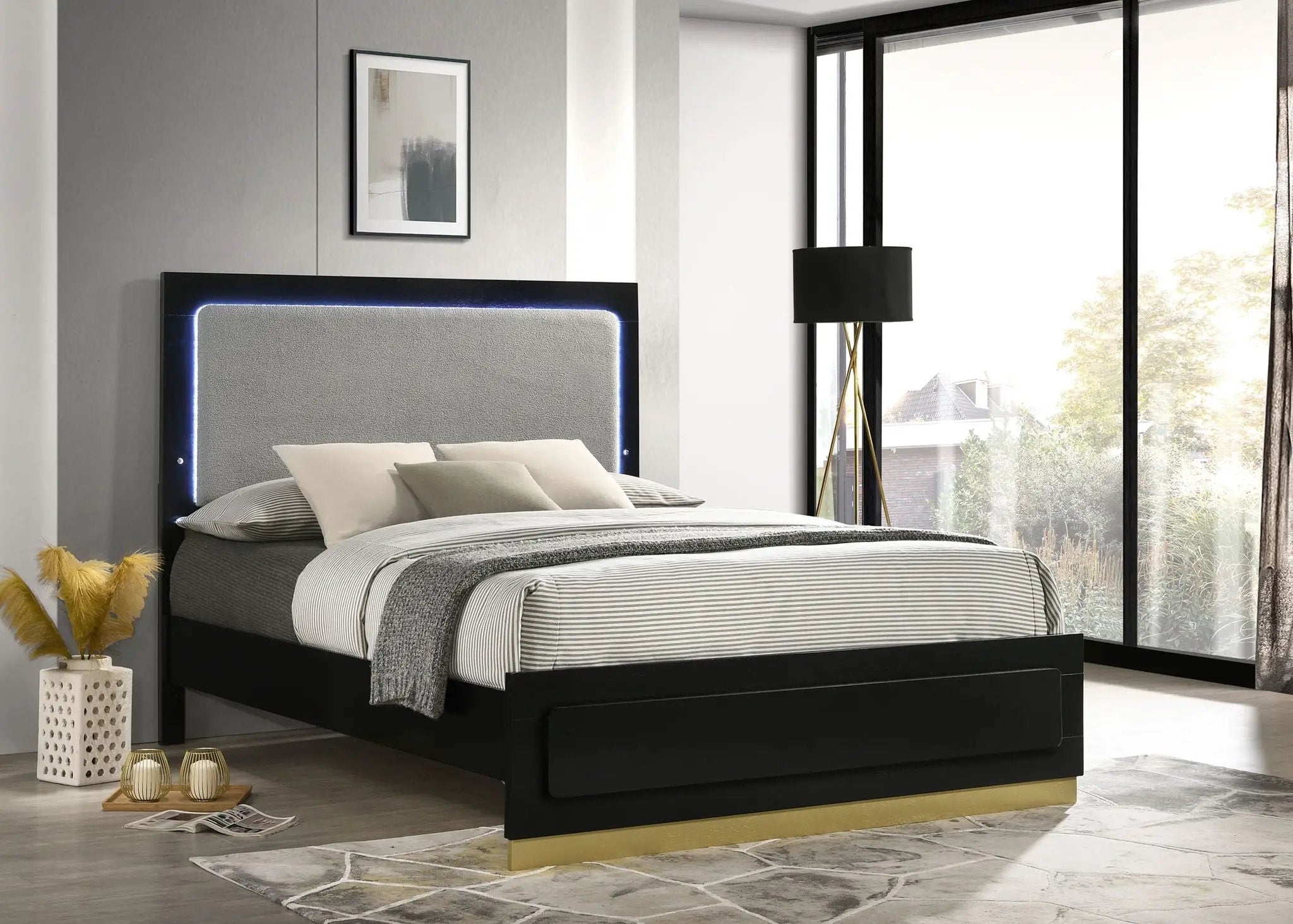 Caraway Wood Eastern King LED Panel Bed Black by Unique Piece Furniture