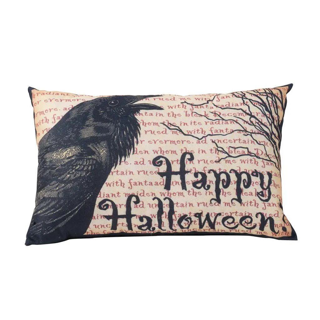 Crow Happy Halloween Pillow - Beige / Black by HouseOfZazla