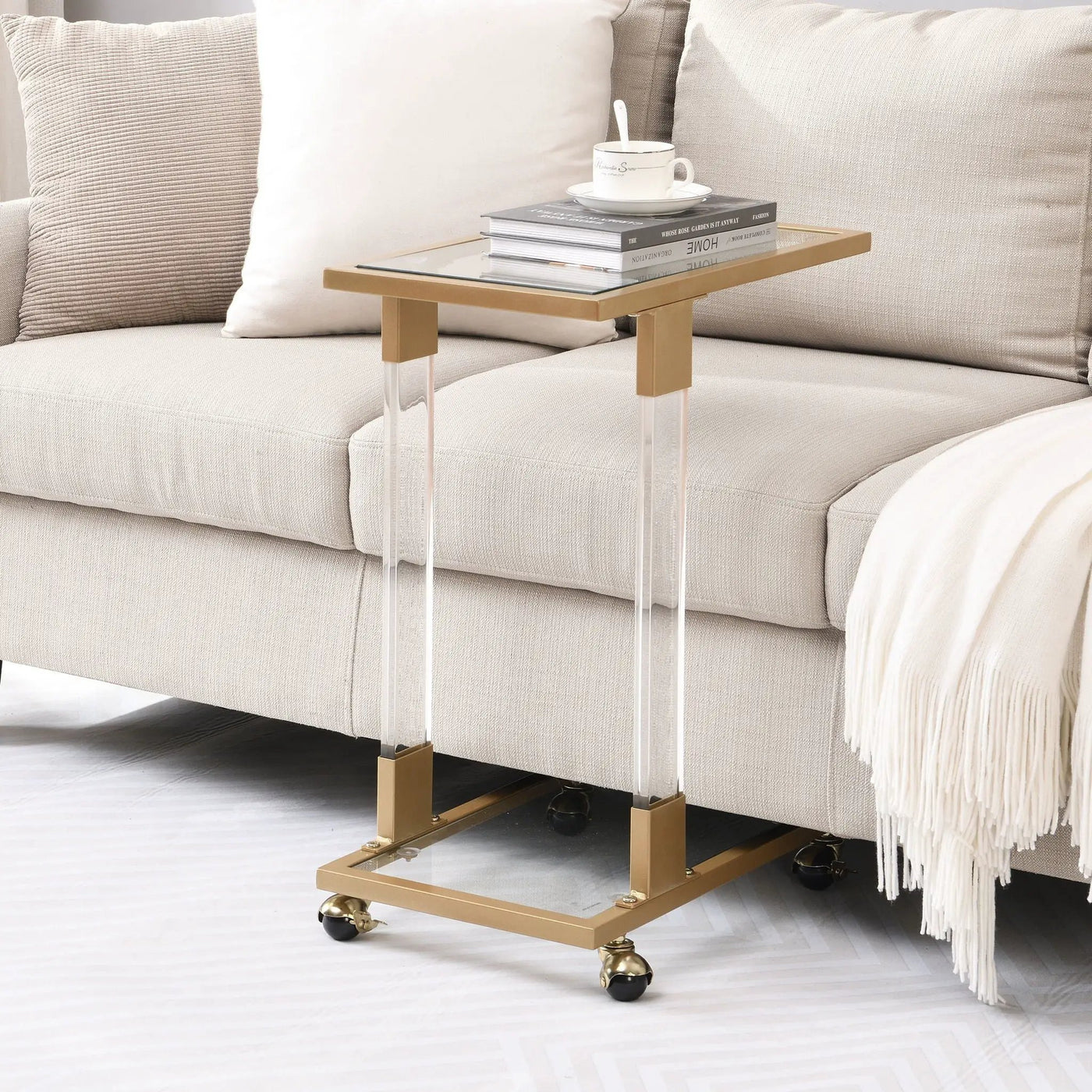 Side Table, Sofa Table, Glass Top C Shape Square Table With Metal Base For Living Room, Bedroom, Balcony Home And Office by Unique Piece Furniture