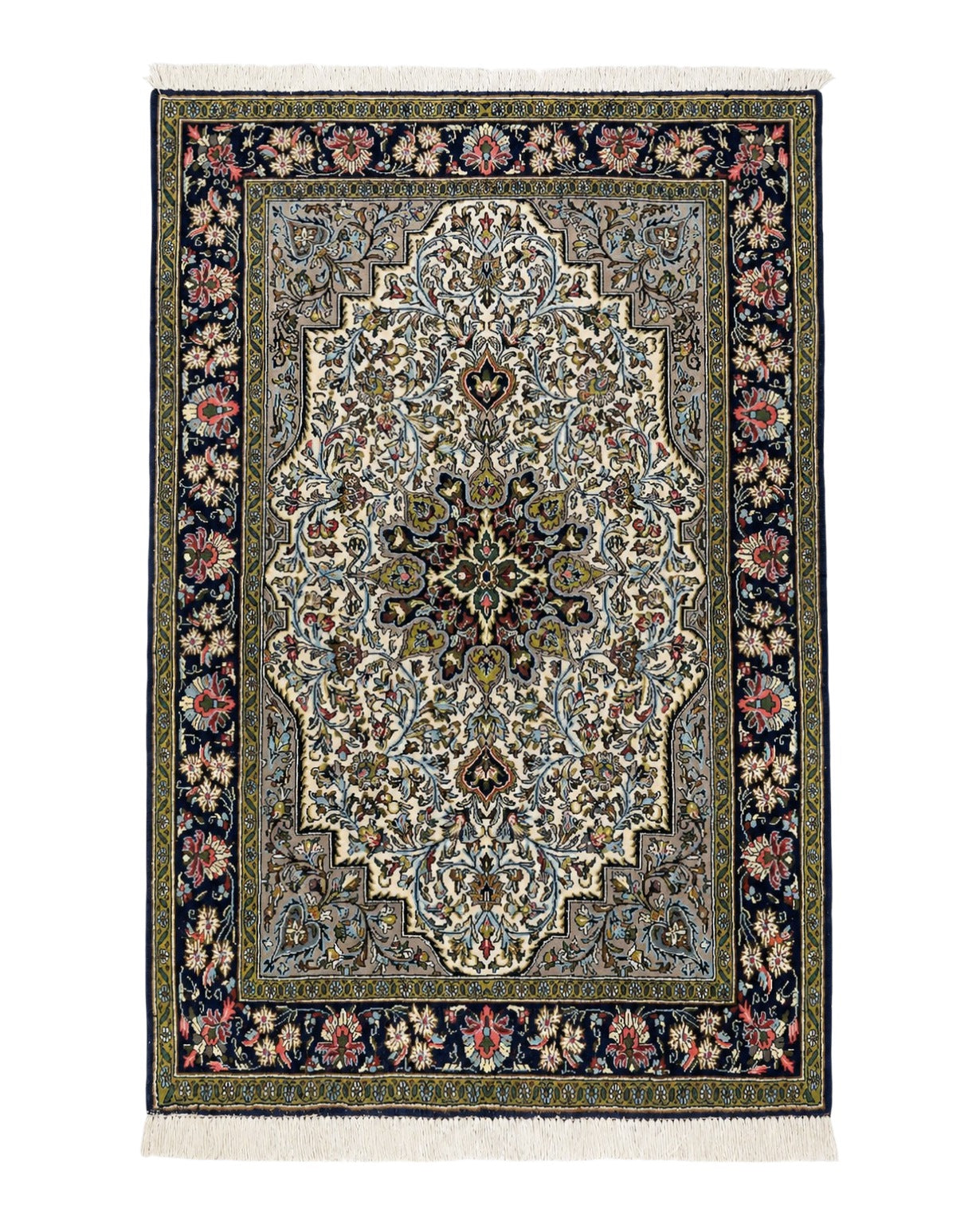 Persian Qum Rug 3x5, Wool with Silk Highlights, Handmade Semi Antique Carpet, Ivory & Navy Blue, Floral Medallion, Finely Hand Knotted by Jewel Rugs