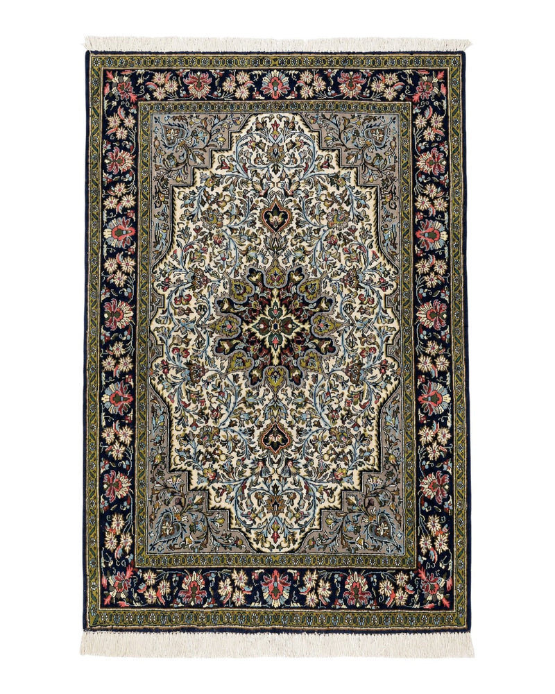 Persian Qum Rug 3x5, Wool with Silk Highlights, Handmade Semi Antique Carpet, Ivory & Navy Blue, Floral Medallion, Finely Hand Knotted by Jewel Rugs