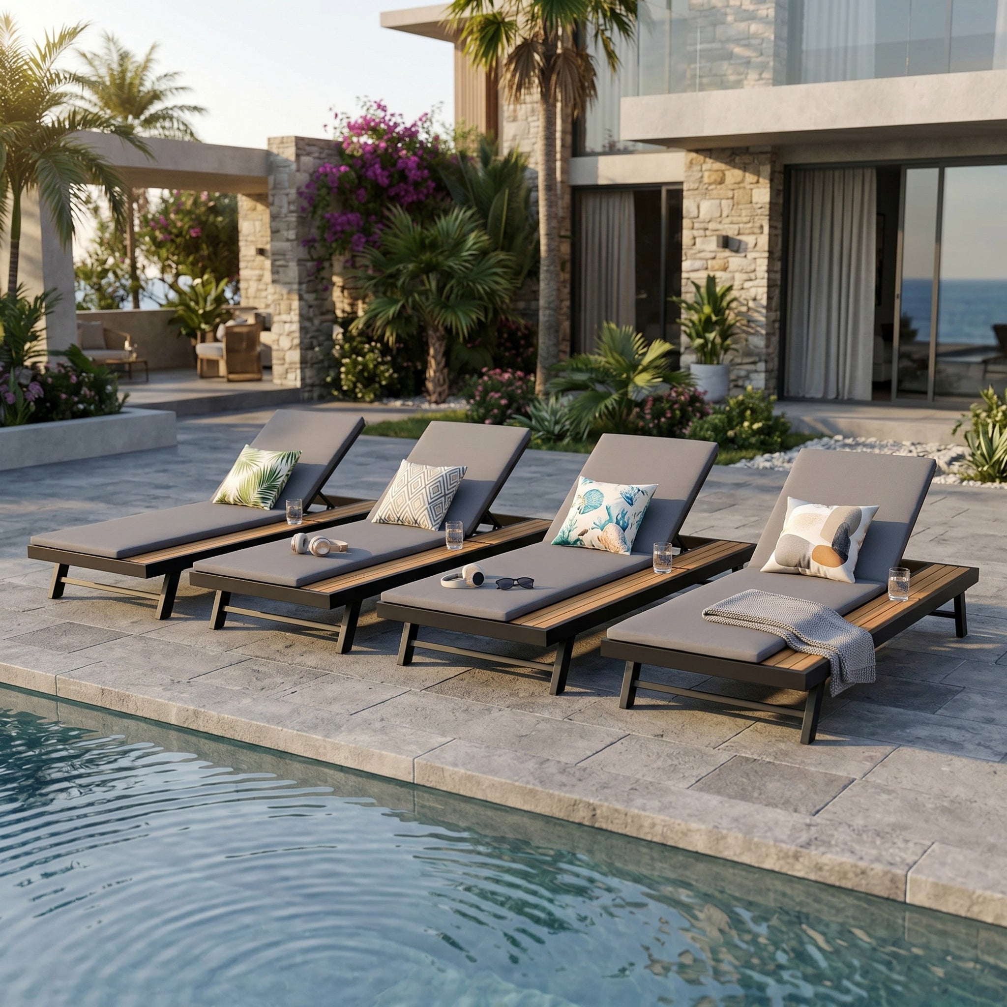 Black Iron + Teak Finish Outdoor Chaise Lounge Set by HouseOfZazla