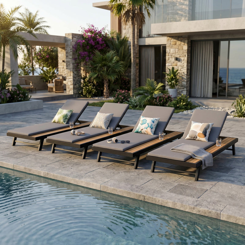 Black Iron + Teak Finish Outdoor Chaise Lounge Set by HouseOfZazla